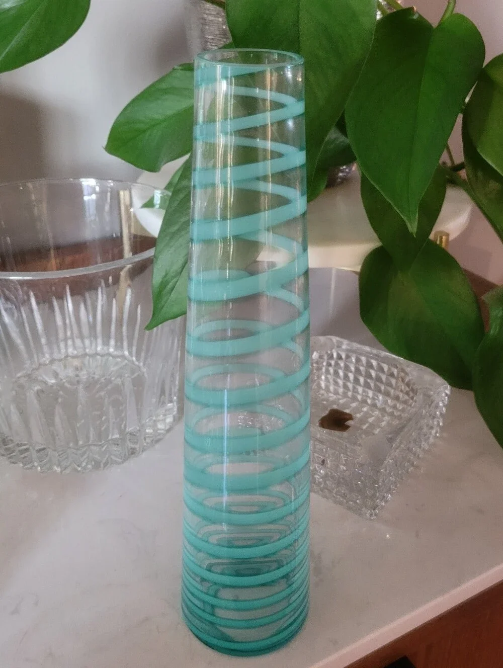 Mid-Century Modern Pair Bud Vases Art Glass  Turquoise Blue Spiral 12'' & 10'' H